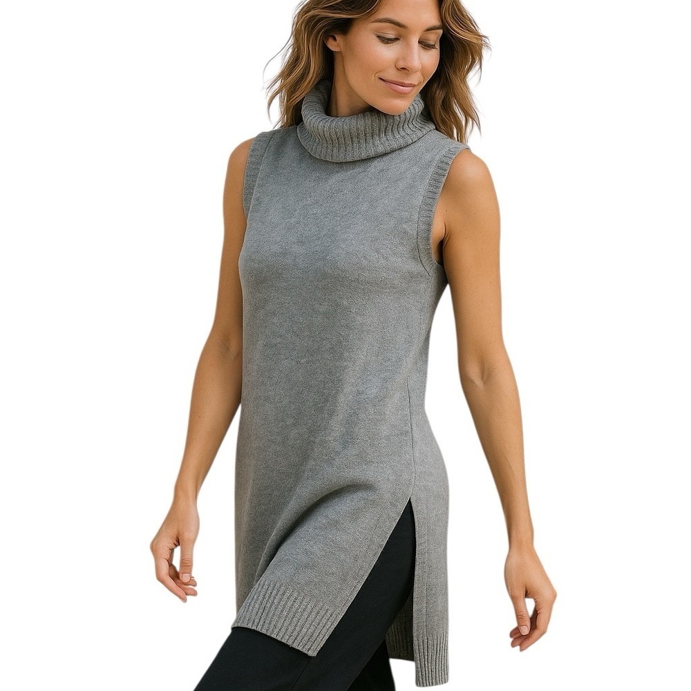 Sofia Cashmere Small Gray Sleeveless Turtleneck Ling Tunic Sweater 100% Cashmere